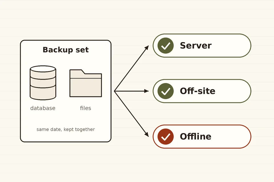 Drawing of a database and a folder of site files feeding into three backup copies labelled server, off-site and offline