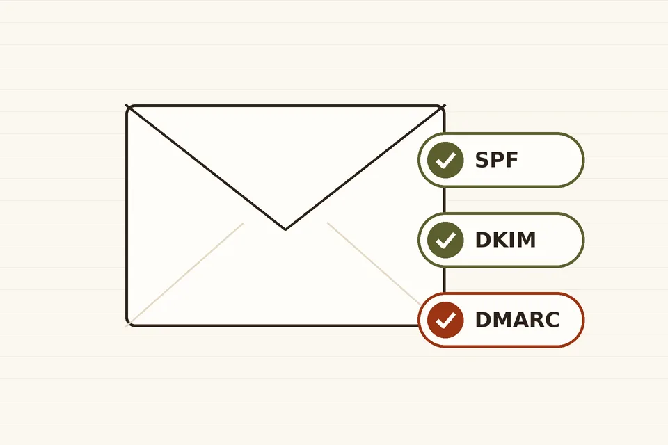 Drawing of an envelope next to three ticked badges labelled SPF, DKIM and DMARC
