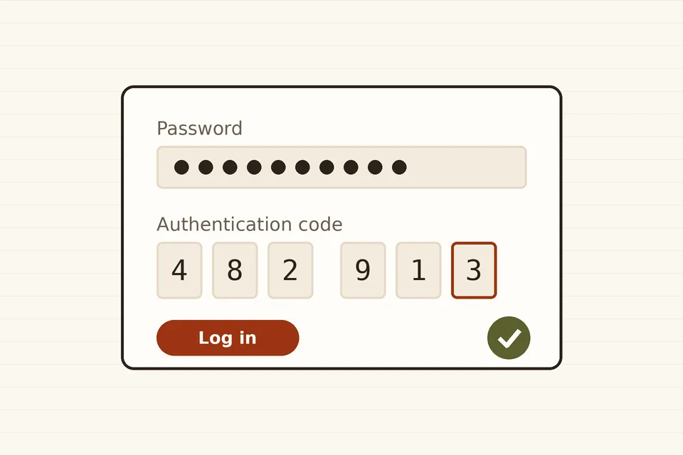 Drawing of a login form with a password field, a six-digit authentication code and a Log in button